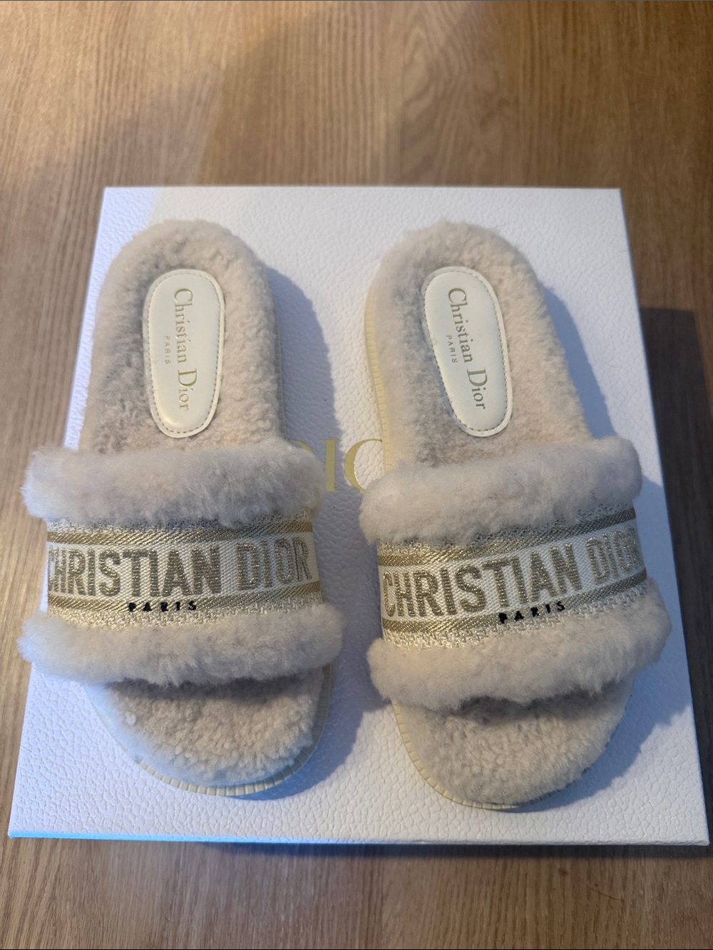 Dior Cream Shearling Logo Band Slide Sandals